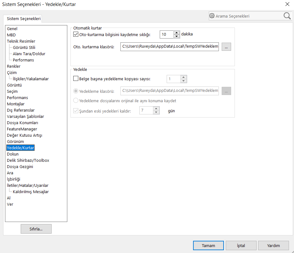 SOLIDWORKS Otomatik Kurtarma Klasörü Nedir