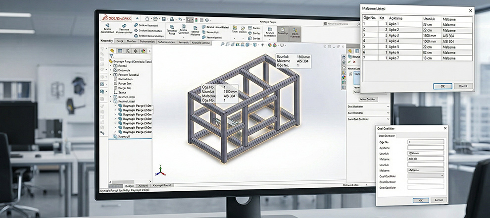 SOLIDWORKS Kesme Listesi Öğelerindeki Değerleri Özel Özelliklere Aktarma